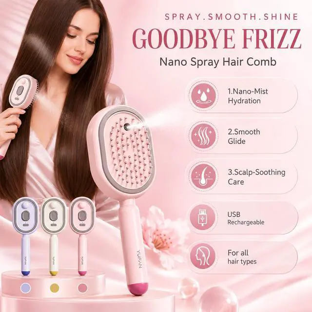 Alt view image 2 of 7 - Electric Steam Brush for Hair, Electric Spray Air Cushion Comb for Women, Rechargeable Hair Straightener Brush, Improve Frizz, Smooth & Moisturize, for Both Long Short Hairs (Purple)