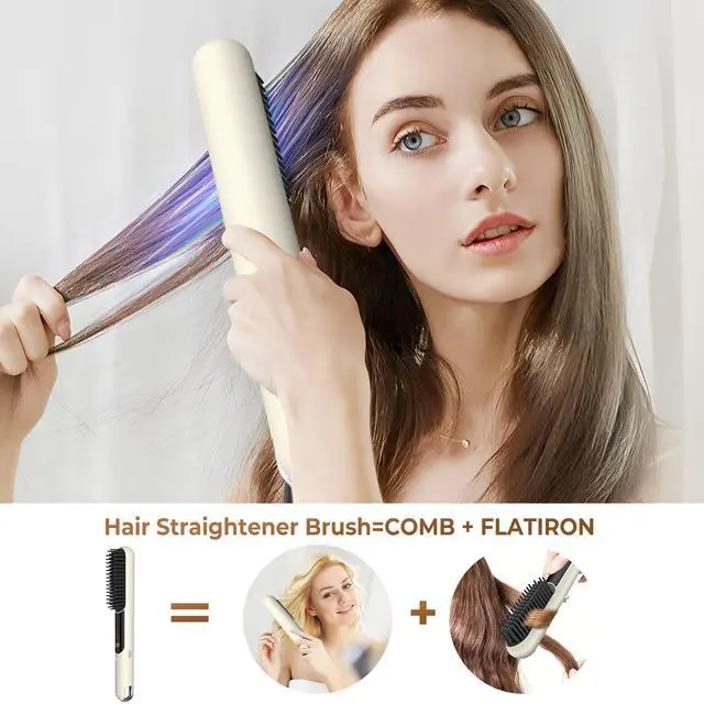 Alt view image 3 of 7 - Cordless Hair Straightener Brush USB-C Rechargeable Portable Travel Hair Straightening Comb with Ionic Ceramic Technology Anti-Frizz Heated Brush 4 Temperature Settings for Smooth Hair Styling