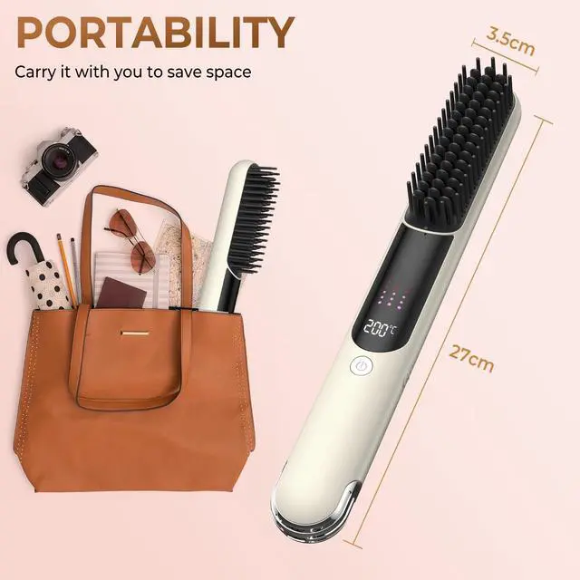 Alt view image 7 of 7 - Cordless Hair Straightener Brush USB-C Rechargeable Portable Travel Hair Straightening Comb with Ionic Ceramic Technology Anti-Frizz Heated Brush 4 Temperature Settings for Smooth Hair Styling