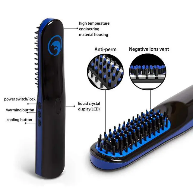 Alt view image 5 of 5 - Beard Straightener, Cordless Beard and Hair Straightening Comb with USB C Charging Cable, Rechargeable, Portable, and Durable Grooming Accessory for Men (Black and Blue)