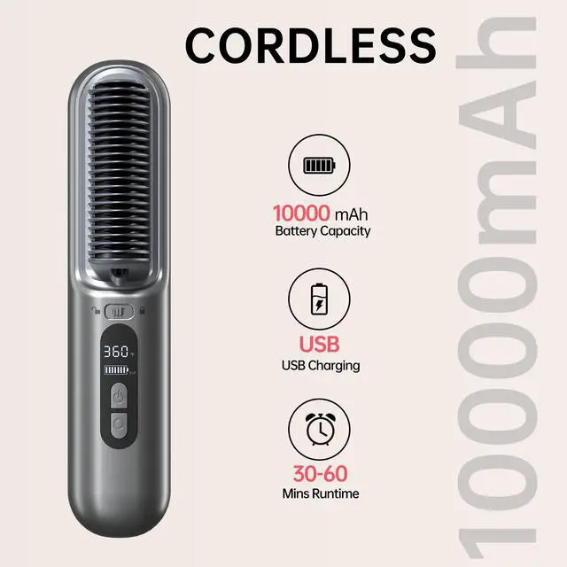 Alt view image 4 of 7 - Cordless Hair Straightener Brush-Portable Hair Straightener Cordless Brush with 6 Temperature Adjust, 10000mah Cordless Travel Hair Straightener Brush, Dual Voltage, Grey