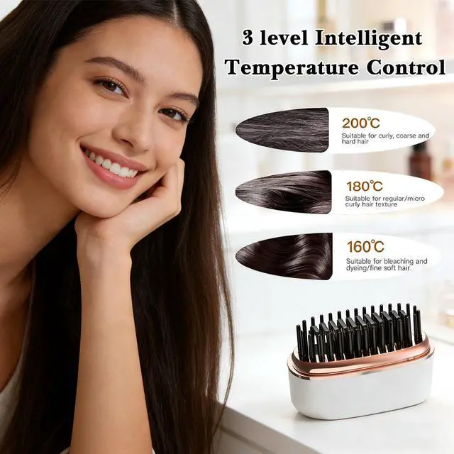 Alt view image 2 of 6 - Mini Cordless Hair Straightener Brush Portable Electric Hair Brush with Rapid Heating & 3 Temp Settings Anti-Scald Electric Straightening Comb for Travel, Gym, Office & On-The-Go Quick Touch-Ups