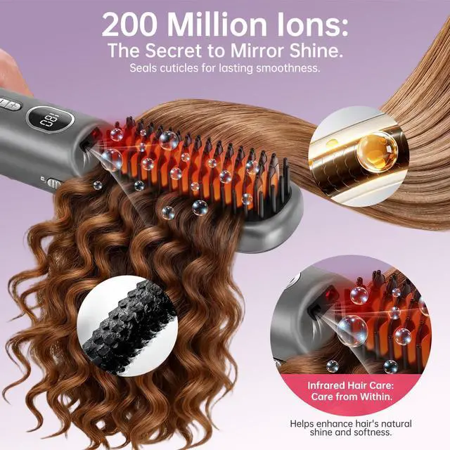 Alt view image 3 of 7 - Hair Straightener Brush, Cordless Portable Straightening Brush with MCH Ceramic Heating, Ionic & Far Infrared Rechargeable Heated Comb, Travel Hair Straightener, Quick Styling for Smooth & Shiny Hair