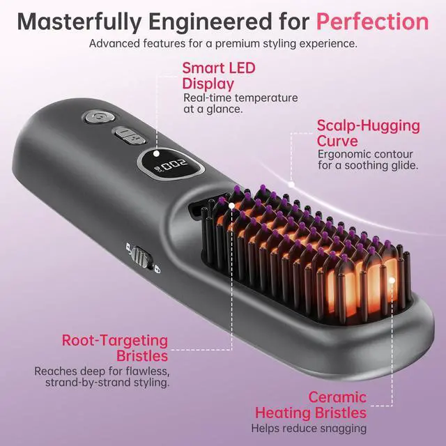 Alt view image 6 of 7 - Hair Straightener Brush, Cordless Portable Straightening Brush with MCH Ceramic Heating, Ionic & Far Infrared Rechargeable Heated Comb, Travel Hair Straightener, Quick Styling for Smooth & Shiny Hair