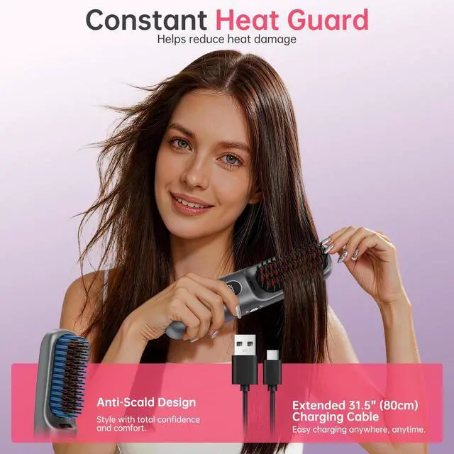 Alt view image 7 of 7 - Hair Straightener Brush, Cordless Portable Straightening Brush with MCH Ceramic Heating, Ionic & Far Infrared Rechargeable Heated Comb, Travel Hair Straightener, Quick Styling for Smooth & Shiny Hair