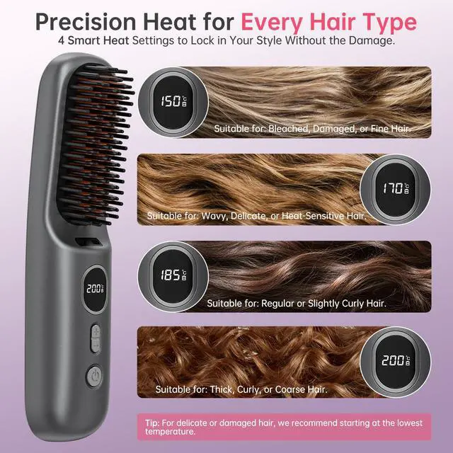 Alt view image 5 of 7 - Hair Straightener Brush, Cordless Portable Straightening Brush with MCH Ceramic Heating, Ionic & Far Infrared Rechargeable Heated Comb, Travel Hair Straightener, Quick Styling for Smooth & Shiny Hair