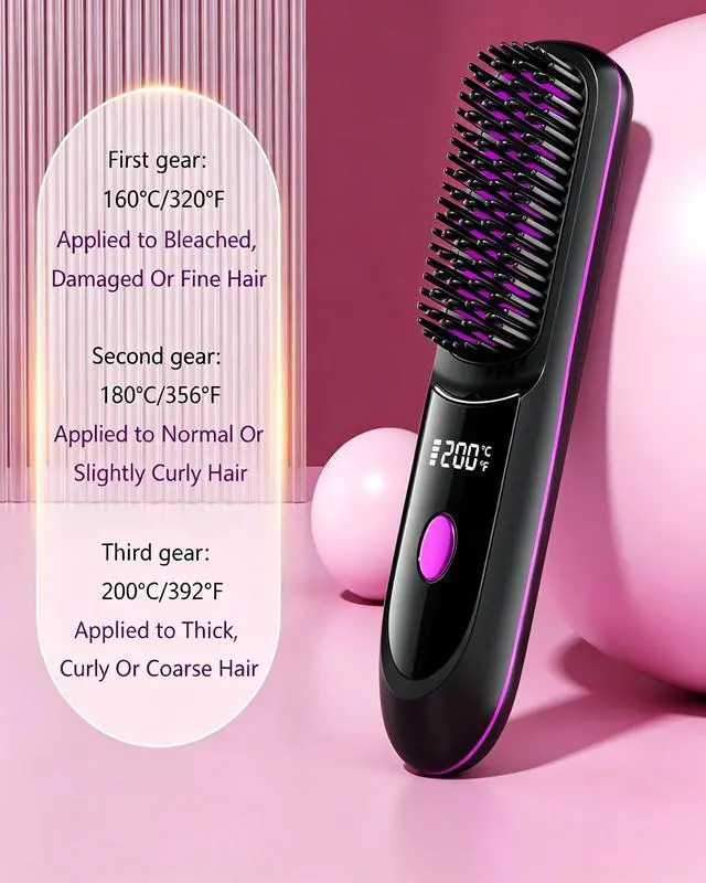 Alt view image 5 of 6 - Go Brush Pro Hair Straightener, Cordless Ionic Comb with 6000mAh Battery, Fast Heating, Portable Travel Design, Rechargeable Straightening and Curling Brush, White