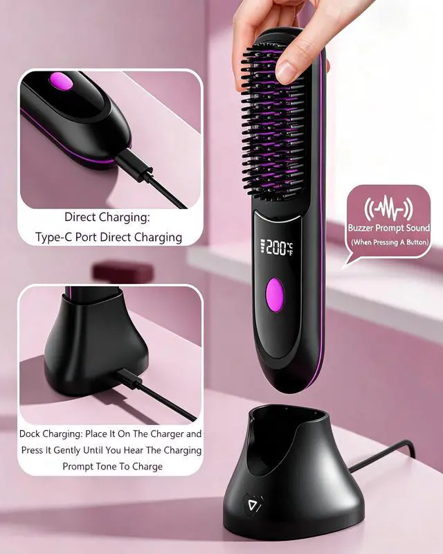 Alt view image 2 of 7 - Go Brush Pro Hair Straightener Cordless Comb with Negative Ion, 6000mAh Fast Heating & Portable Travel Design, Rechargeable Brush for Straightening and Curling (Red-1Pcs)