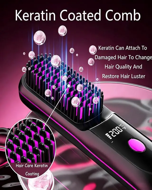Alt view image 5 of 7 - Go Brush Pro Hair Straightener Cordless Comb with Negative Ion, 6000mAh Fast Heating & Portable Travel Design, Rechargeable Brush for Straightening and Curling (Red-1Pcs)