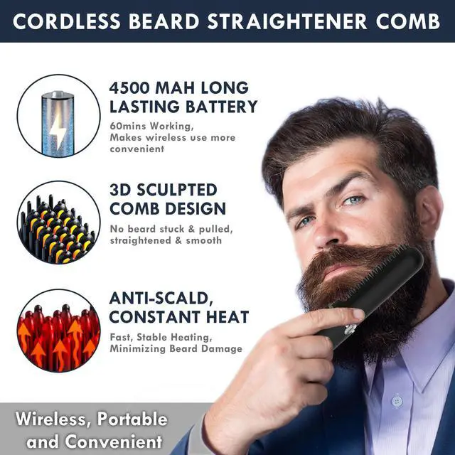 Alt view image 2 of 7 - Beard Straightener for Men - Cordless Heated Beard Straightening Comb with LCD, Beard and Hair Straightener Brush Hot Comb, Anti-Scald & Automatic Shut-Off, Portable for Travel