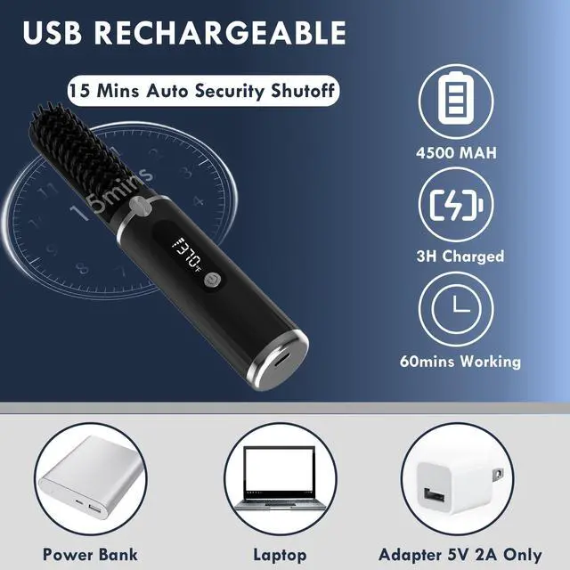 Alt view image 6 of 7 - Beard Straightener for Men - Cordless Heated Beard Straightening Comb with LCD, Beard and Hair Straightener Brush Hot Comb, Anti-Scald & Automatic Shut-Off, Portable for Travel