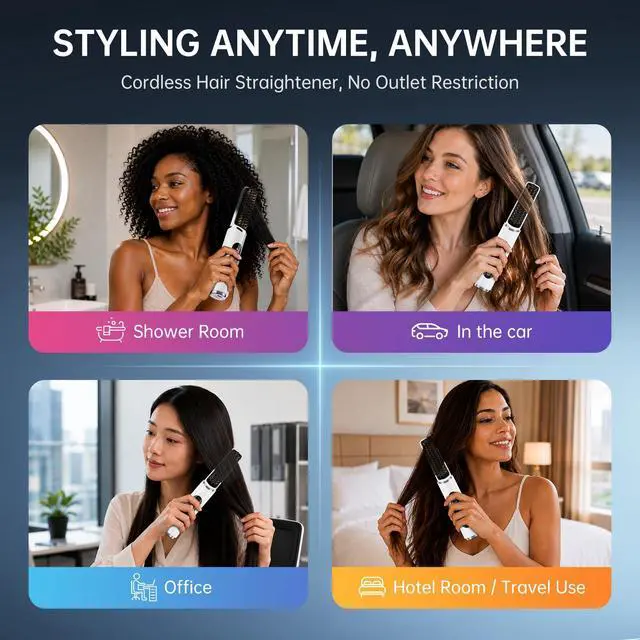Alt view image 4 of 7 - Cordless Hair Straightener Brush, 2026 Upgraded Portable Straightening Brush for Women Travel, Negative Ionic Anti-Scald Hot Comb, MCH Ceramic Heating, Dual Voltage, 4000mAh Battery 60 Min Runtime