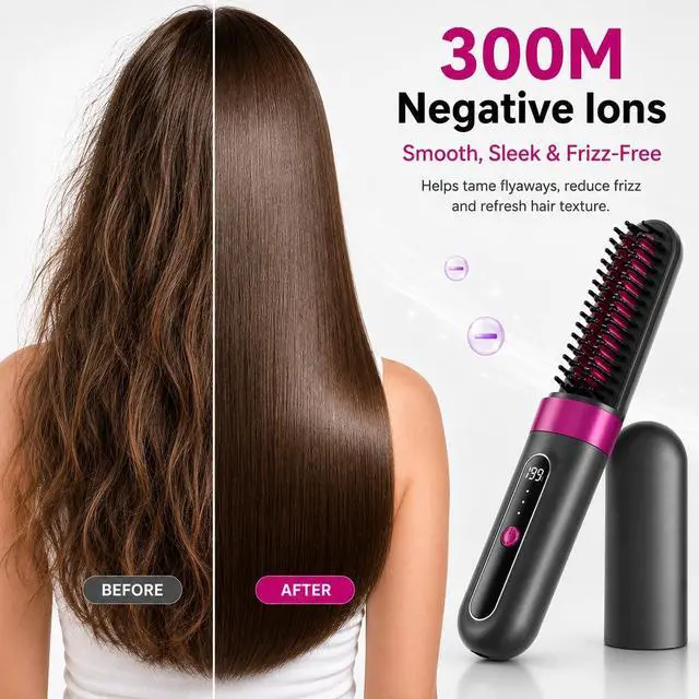 Alt view image 3 of 7 - Cordless Hair Straightener Brush for Women, Fast Heating Anti-Frizz Hair Styling Tool, 3 Heat Settings, 300M Negative Ions, Portable Rechargeable Straightening Brush for Travel & Daily Use