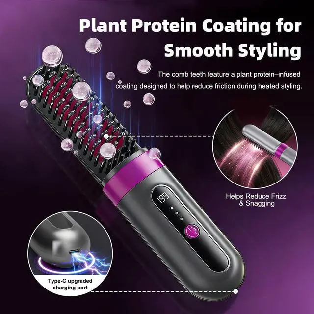Alt view image 5 of 7 - Cordless Hair Straightener Brush for Women, Fast Heating Anti-Frizz Hair Styling Tool, 3 Heat Settings, 300M Negative Ions, Portable Rechargeable Straightening Brush for Travel & Daily Use