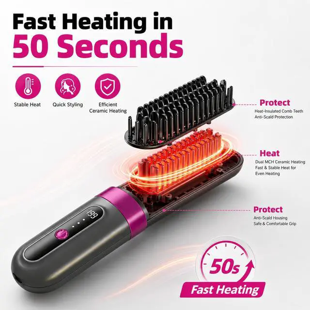 Alt view image 4 of 7 - Cordless Hair Straightener Brush for Women, Fast Heating Anti-Frizz Hair Styling Tool, 3 Heat Settings, 300M Negative Ions, Portable Rechargeable Straightening Brush for Travel & Daily Use
