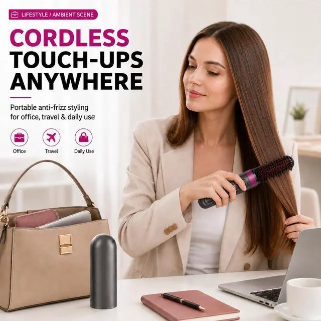 Alt view image 6 of 7 - Cordless Hair Straightener Brush for Women, Fast Heating Anti-Frizz Hair Styling Tool, 3 Heat Settings, 300M Negative Ions, Portable Rechargeable Straightening Brush for Travel & Daily Use