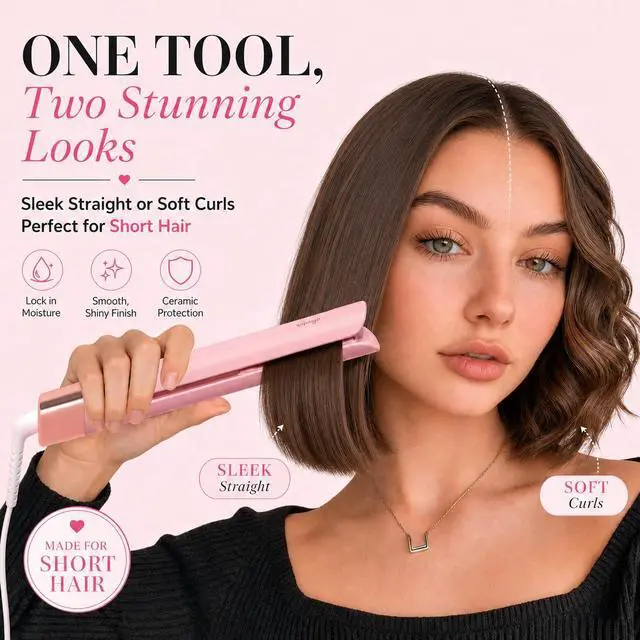 Alt view image 2 of 7 - Mini Flat Iron 0.8 Inch Ceramic Mini Hair Straightener, Small Flat Irons for Short Hair, Curls Bangs, Dual Voltage for Travel,Dual Voltage for Worldwide Use(Pink)
