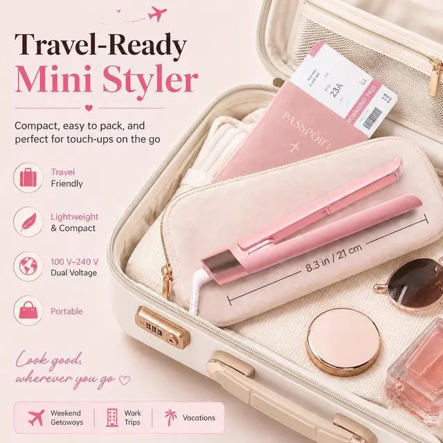 Alt view image 3 of 7 - Mini Flat Iron 0.8 Inch Ceramic Mini Hair Straightener, Small Flat Irons for Short Hair, Curls Bangs, Dual Voltage for Travel,Dual Voltage for Worldwide Use(Pink)