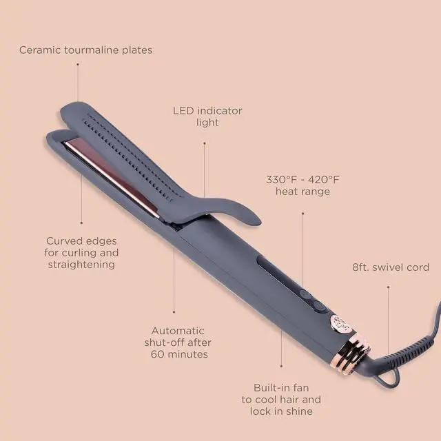 Alt view image 3 of 6 - Ceramic Tourmaline 2in1 Flat Iron Hair Straightener Curling Iron for Hair Styling - 1 1/4 Inch - Airflow Styler with Curved Edges for Curling + Straightening - Blowout Styles