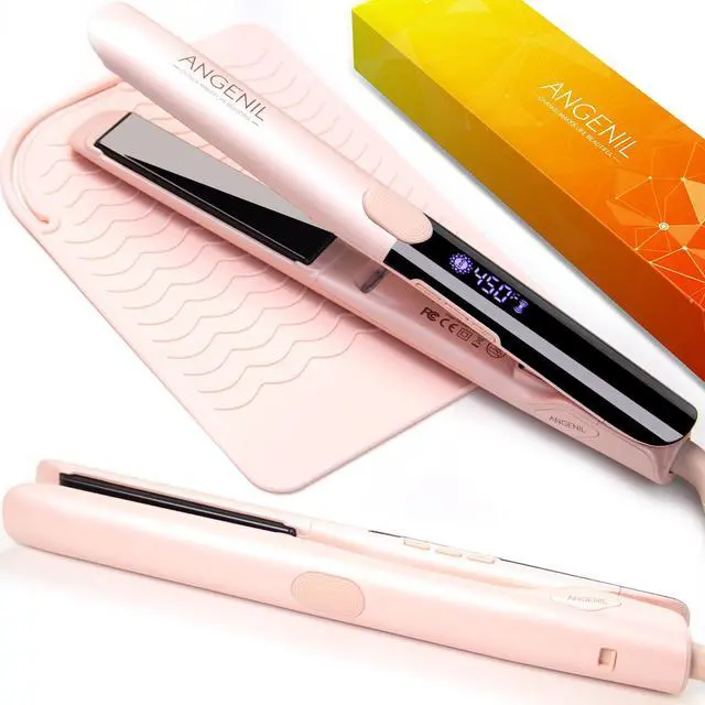 Main image of Pro Titanium Flat Iron Hair Straightener and Curler 2 in 1 with Heat Resistant Silicone Mat, Round Pink Dual Voltage Hair Straightener Irons, Smoothness, Large LCD Display, 20s Fast Heating