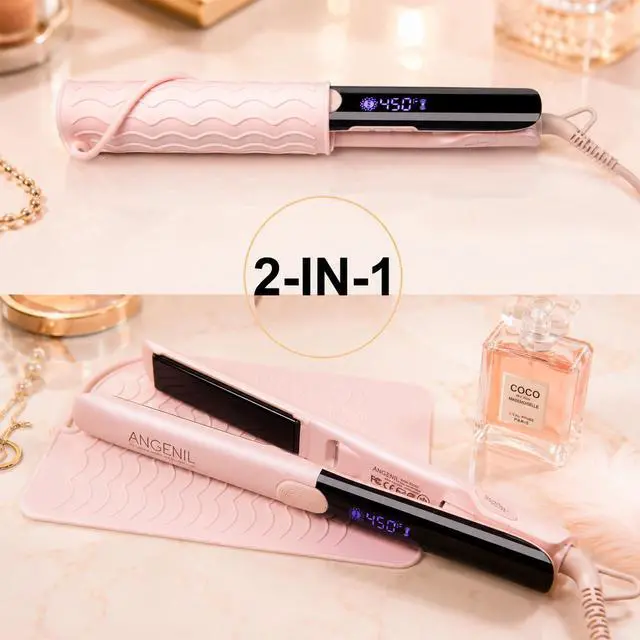 Alt view image 6 of 7 - Pro Titanium Flat Iron Hair Straightener and Curler 2 in 1 with Heat Resistant Silicone Mat, Round Pink Dual Voltage Hair Straightener Irons, Smoothness, Large LCD Display, 20s Fast Heating