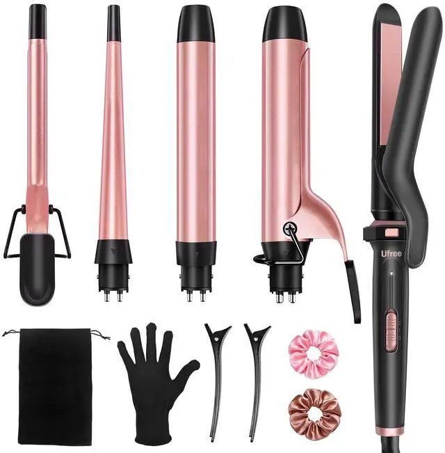 Main image of 5 in 1 Curling Iron with Interchangeable Ceramic Barrels (0.35"-1.25"), Curling Wand Set with Flat Iron Hair Straightener, Instant Heat Up, Dual Voltage Hair Curler, Gifts for Women
