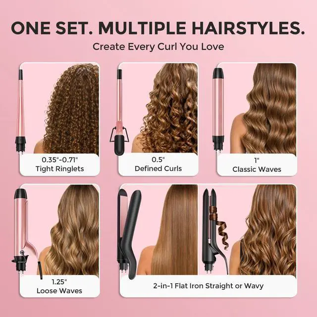 Alt view image 2 of 7 - 5 in 1 Curling Iron with Interchangeable Ceramic Barrels (0.35"-1.25"), Curling Wand Set with Flat Iron Hair Straightener, Instant Heat Up, Dual Voltage Hair Curler, Gifts for Women