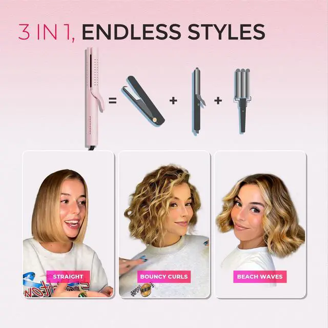 Alt view image 3 of 7 - Airflow 2.0 Curling Iron Flat Iron - Hair Straightener and Curler 2 in 1, 1.25 Inch Curling Wand for Long Short Hair, Dual Voltage for Travel, 54 Million Ionic, Anti-Tangle, 5 Temps, Pink