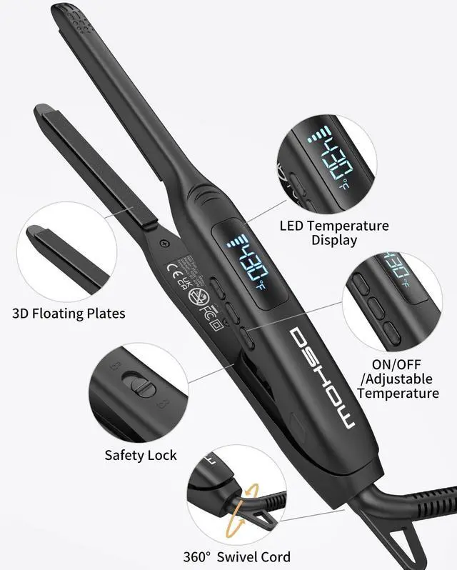 Alt view image 4 of 7 - Small Flat Irons for Short Hair, 3/10'' Pencil Flat Iron, Pixie Cut and Bangs, Mini Hair Straightener with LED Display, Tiny Hair Straightener with Temperature Adjustable, Auto Shut Off