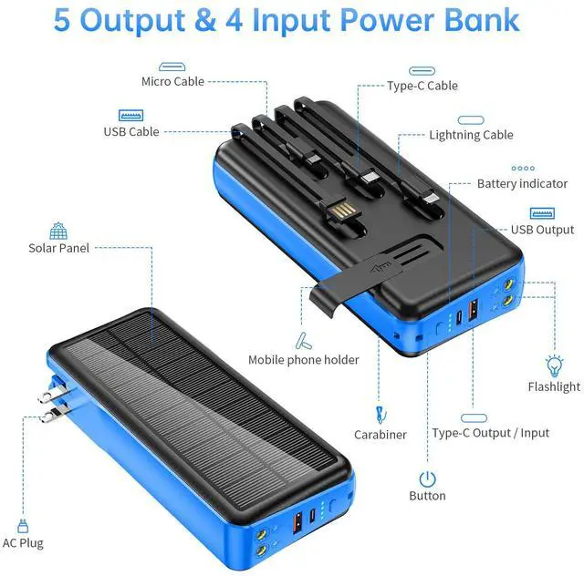 Alt view image 3 of 6 - Portable Charger with Built in Cable and Wall Plug 50000mAh PD30W Fast Charging Solar Power Bank with 5 Output & 2 Input Dual LED Flashlights Phone Holder External Battery Pack