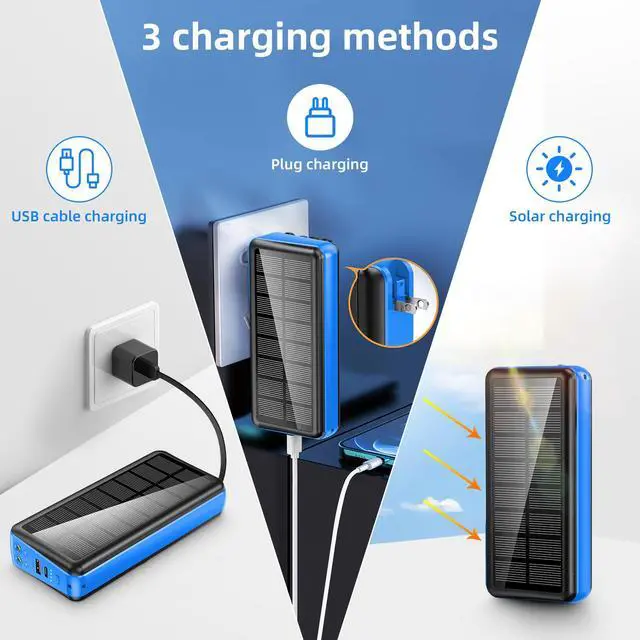 Alt view image 2 of 6 - Portable Charger with Built in Cable and Wall Plug 50000mAh PD30W Fast Charging Solar Power Bank with 5 Output & 2 Input Dual LED Flashlights Phone Holder External Battery Pack