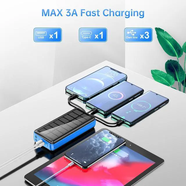 Alt view image 5 of 6 - Portable Charger with Built in Cable and Wall Plug 50000mAh PD30W Fast Charging Solar Power Bank with 5 Output & 2 Input Dual LED Flashlights Phone Holder External Battery Pack