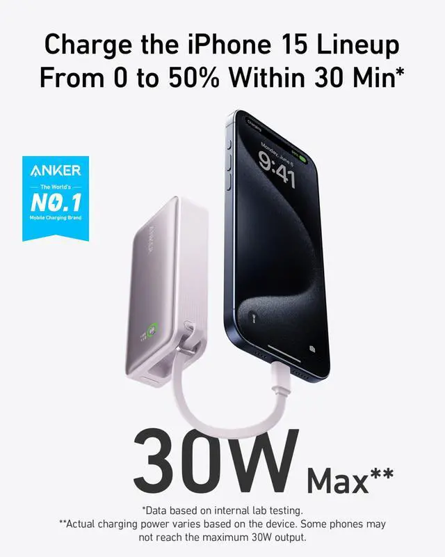 Alt view image 2 of 6 - Nano Power Bank, 10,000mAh Portable Charger with Built-in USB-C Cable, 30W Recharging, 30W Max Output with USB-C&A, for iPhone 17/16 / 15 Series, MacBook, Galaxy, AirPods, and More