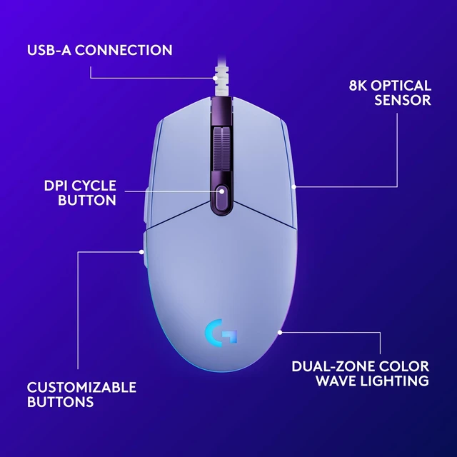 Alt view image 6 of 7 - 203 Wired Gaming Mouse - Lilac | LIGHTSYNC RGB, On-Board Memory, 6 Programmable Buttons, Compabile with PC/Mac