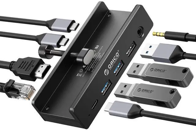 Main image of Clip Docking Station, 8-in-1 Clamp USB C Hub with 4K@60Hz HDMI, 100W PD, Gigabit Ethernet, 4xUSB Port, AUX, 10Gbps Clamp Docking Station for Laptop, MacBook, PC (Adapter Not Included)