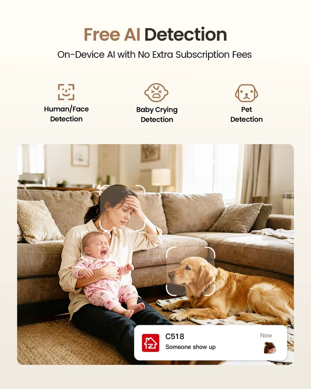 Alt view image 4 of 7 - C518 4K 8MP Indoor Camera, 360° Pan Tilt Wired WiFi IP Camera for Home | 64G Memory Card, Auto Tracking, AI Human/Face/Pet Detection, 360° View, Night Vision, 2-Way Audio, 5GHz/2.4GHz WiFi