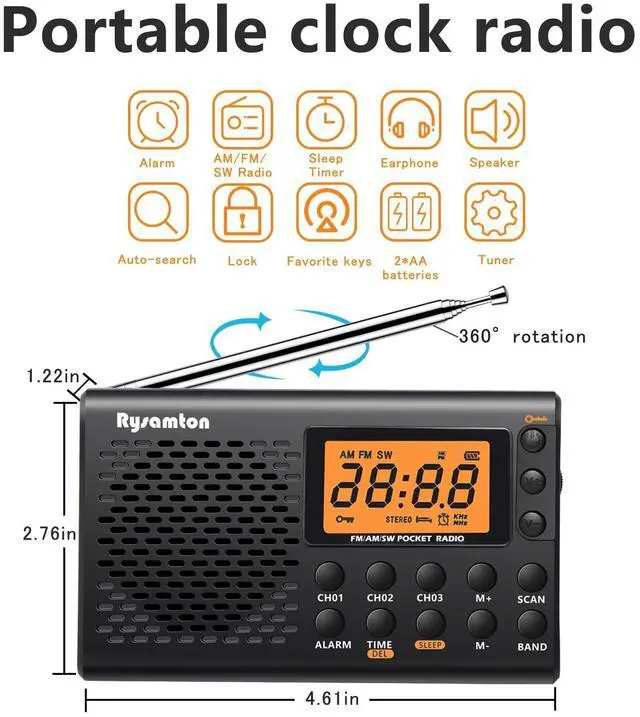Alt view image 2 of 7 - Portable AM/FM/Shortwave Radio, Batteries Operated Pocket Radios, Large Digital Display, Clock Radio with Alarm and Sleep Function, Earphone Included