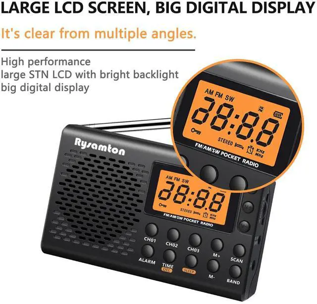 Alt view image 4 of 7 - Portable AM/FM/Shortwave Radio, Batteries Operated Pocket Radios, Large Digital Display, Clock Radio with Alarm and Sleep Function, Earphone Included