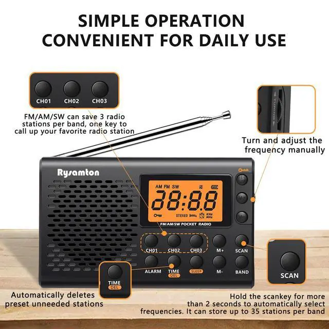 Alt view image 7 of 7 - Portable AM/FM/Shortwave Radio, Batteries Operated Pocket Radios, Large Digital Display, Clock Radio with Alarm and Sleep Function, Earphone Included