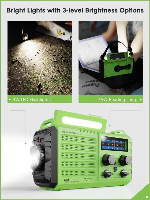 Alt view image 2 of 7 - Weather Radio, 5000mAh/18500mWh Solar Hand Crank Emergency Radio, Battery Powered AM/FM/SW/NOAA Weather Alert Radio with Flashlight, Cell Phone Charger and SOS Siren for Power Outages (Green)