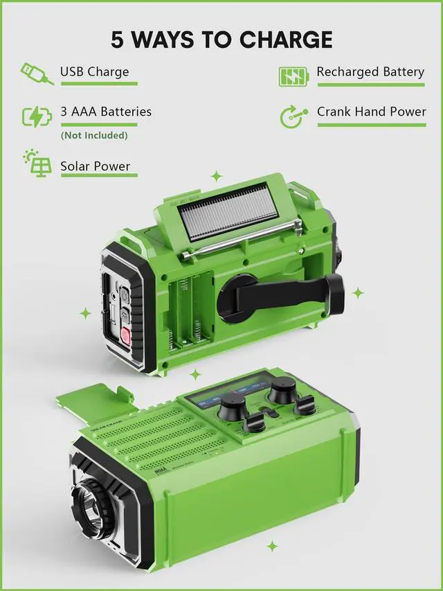 Alt view image 4 of 7 - Weather Radio, 5000mAh/18500mWh Solar Hand Crank Emergency Radio, Battery Powered AM/FM/SW/NOAA Weather Alert Radio with Flashlight, Cell Phone Charger and SOS Siren for Power Outages (Green)