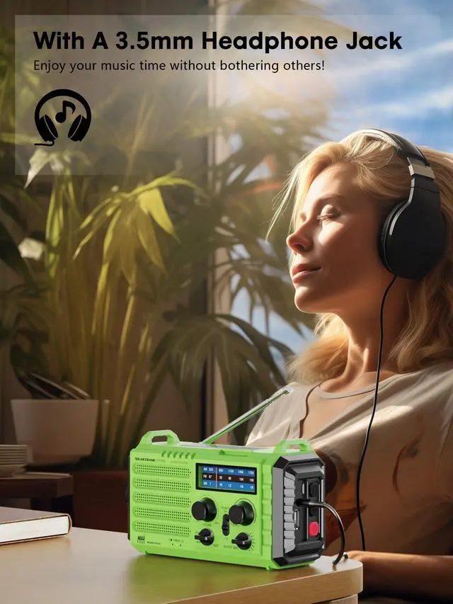 Alt view image 6 of 7 - Weather Radio, 5000mAh/18500mWh Solar Hand Crank Emergency Radio, Battery Powered AM/FM/SW/NOAA Weather Alert Radio with Flashlight, Cell Phone Charger and SOS Siren for Power Outages (Green)