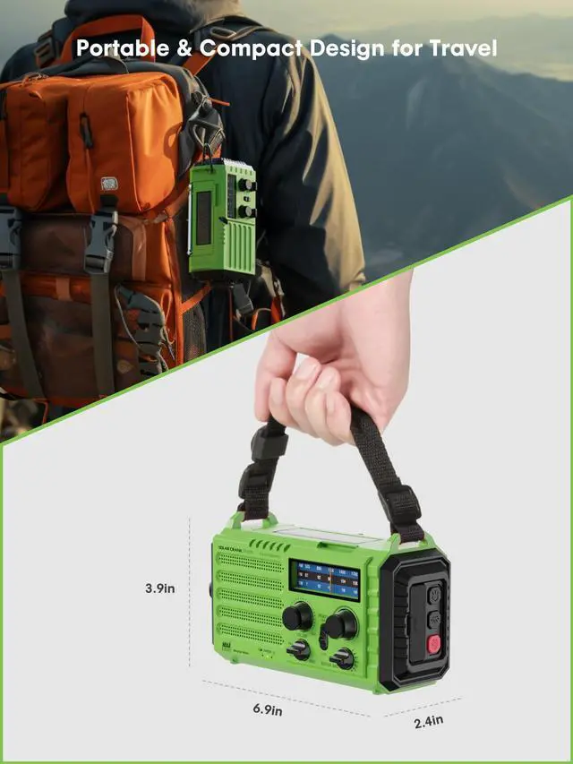 Alt view image 7 of 7 - Weather Radio, 5000mAh/18500mWh Solar Hand Crank Emergency Radio, Battery Powered AM/FM/SW/NOAA Weather Alert Radio with Flashlight, Cell Phone Charger and SOS Siren for Power Outages (Green)