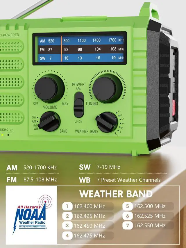 Alt view image 3 of 7 - Weather Radio, 5000mAh/18500mWh Solar Hand Crank Emergency Radio, Battery Powered AM/FM/SW/NOAA Weather Alert Radio with Flashlight, Cell Phone Charger and SOS Siren for Power Outages (Green)