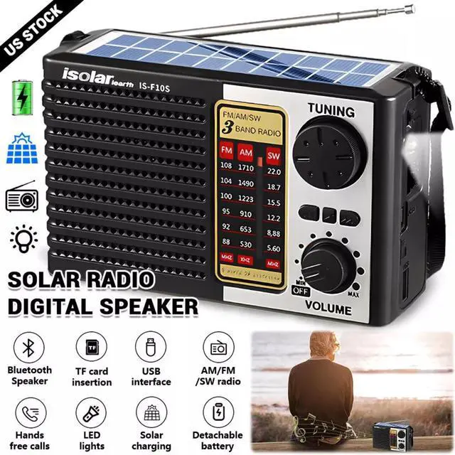 Alt view image 3 of 7 - Solar Portable FM/AM SW Radio Digital Bluetooth Speaker MP3 Player Rechargeable Comes with a Flashlight and Wrist Strap