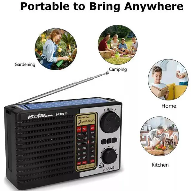 Alt view image 4 of 7 - Solar Portable FM/AM SW Radio Digital Bluetooth Speaker MP3 Player Rechargeable Comes with a Flashlight and Wrist Strap