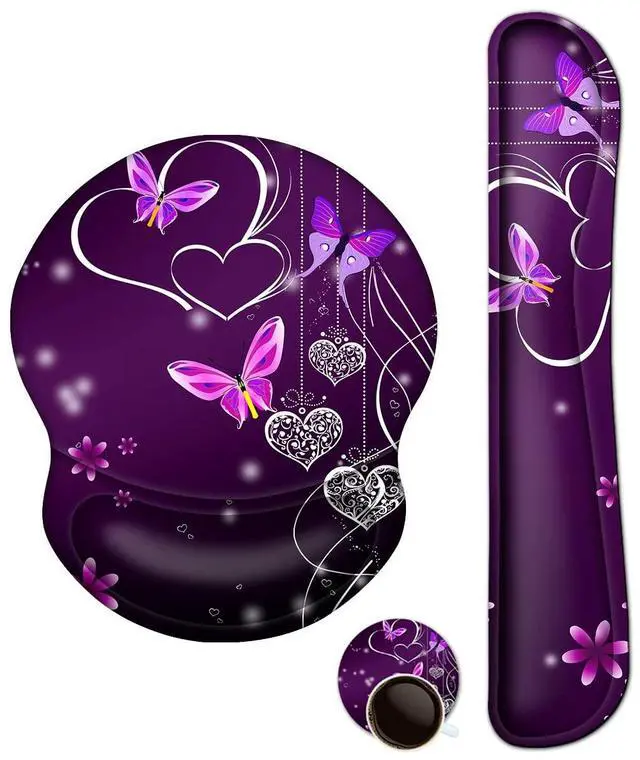 Main image of Upgraded Wrist Rest Support for Mouse Pad & Keyboard, Ergonomic Gel Mousepad Non-Slip Rubber Base Home,Office Pain Relief, Easy Typing Cushion Neoprene, Soft Memory Foam, Purple Heart Butterfly