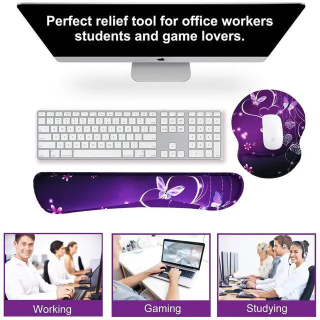 Alt view image 3 of 7 - Upgraded Wrist Rest Support for Mouse Pad & Keyboard, Ergonomic Gel Mousepad Non-Slip Rubber Base Home,Office Pain Relief, Easy Typing Cushion Neoprene, Soft Memory Foam, Purple Heart Butterfly