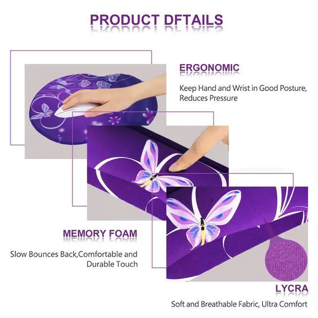 Alt view image 4 of 7 - Upgraded Wrist Rest Support for Mouse Pad & Keyboard, Ergonomic Gel Mousepad Non-Slip Rubber Base Home,Office Pain Relief, Easy Typing Cushion Neoprene, Soft Memory Foam, Purple Heart Butterfly