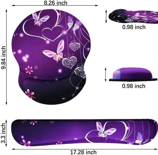 Alt view image 7 of 7 - Upgraded Wrist Rest Support for Mouse Pad & Keyboard, Ergonomic Gel Mousepad Non-Slip Rubber Base Home,Office Pain Relief, Easy Typing Cushion Neoprene, Soft Memory Foam, Purple Heart Butterfly